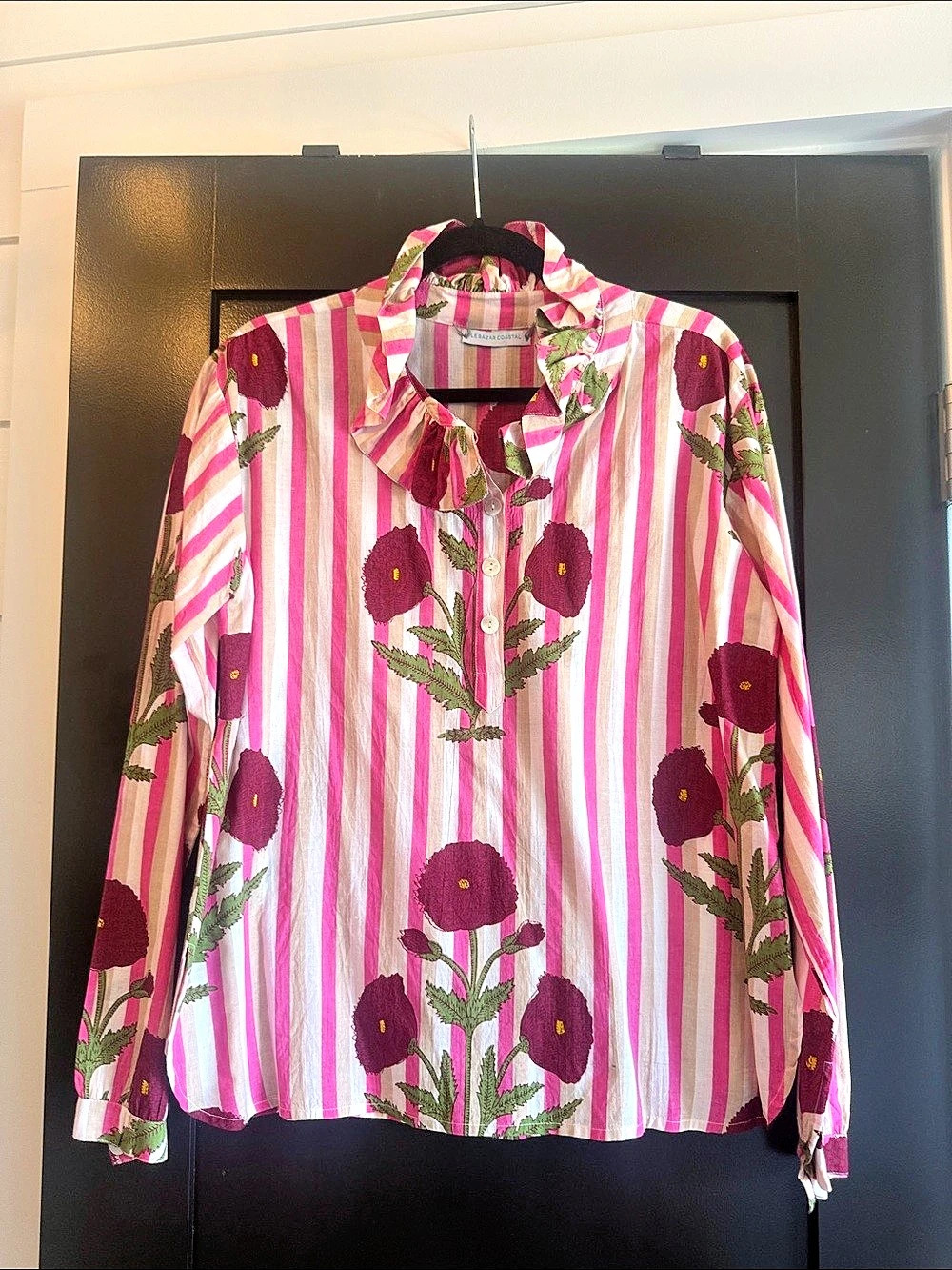 Le Bazar Coastal Floral Stripe Button Down Shirt in Pink & White Like New- never